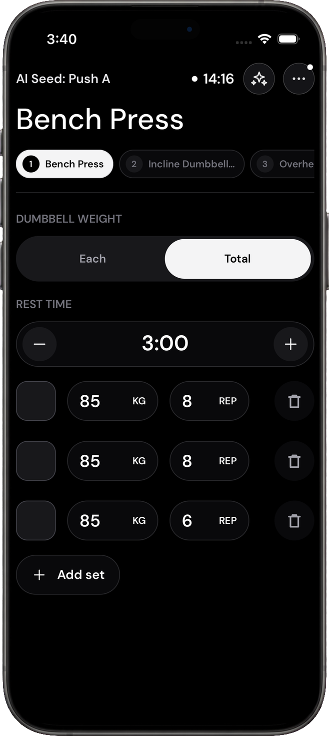 The real Forty Five active workout screen showing Bench Press, weight and rep fields, exercise navigation, and rest controls